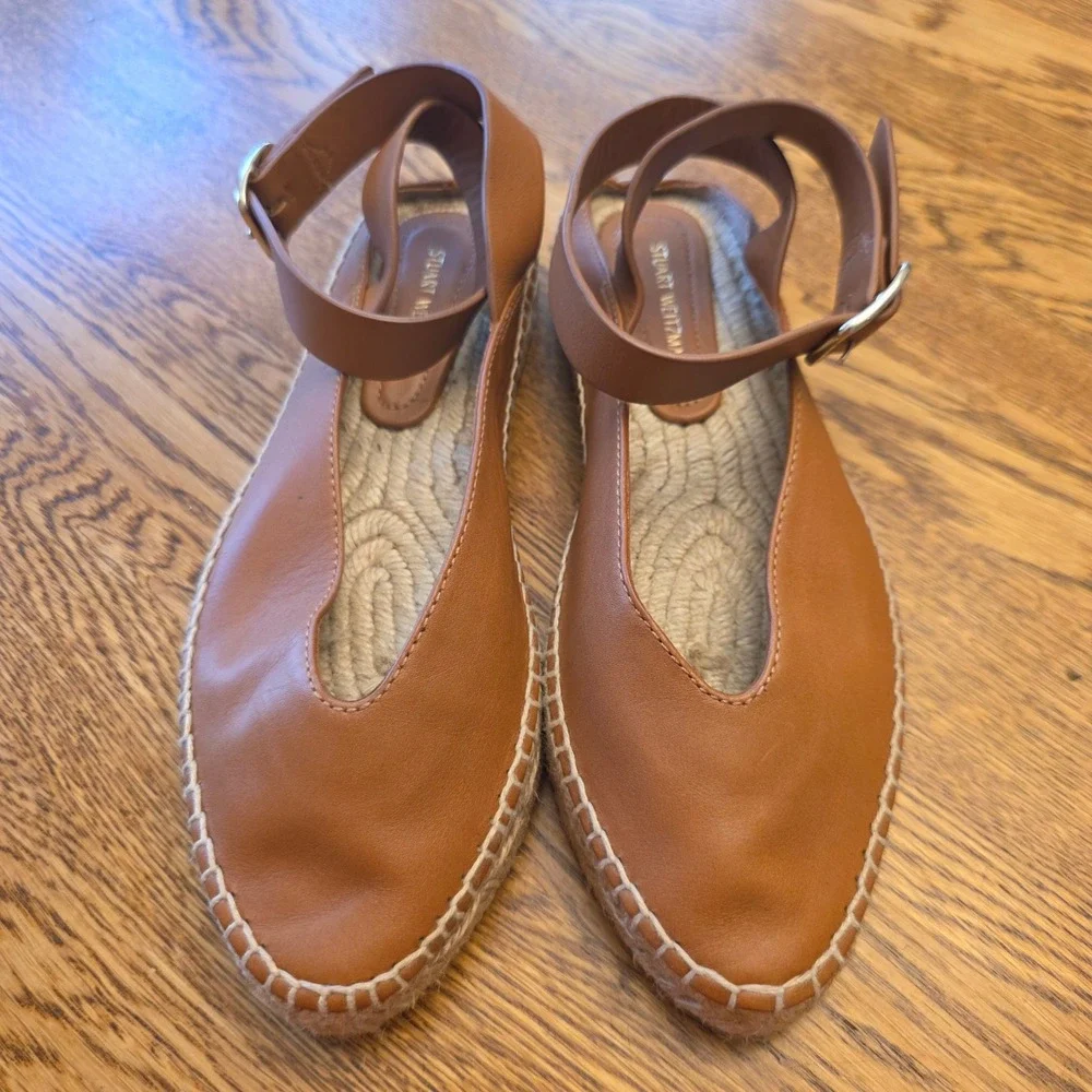Stuart Weitzman 5.5 Tan Leather Ankle‎ Strap Espadrille Flats Boho Quiet Luxury